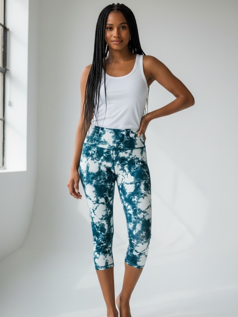 Balance Collection Tie Dye Cropped Leggings M Medium Teal White Capri Yoga Pants